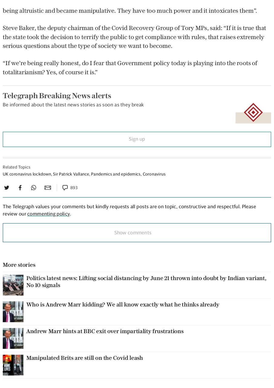 Aperçu du document The Telegraph - 20210514 - Use of fear to control behaviour in Covid crisis was ‘totalitarian’, admit scientists.pdf - page 4/4 The Telegraph - 20210514 - Use of fear to control behaviour in Covid crisis was ‘totalitarian’, admit scientists.pdf - page 4/4