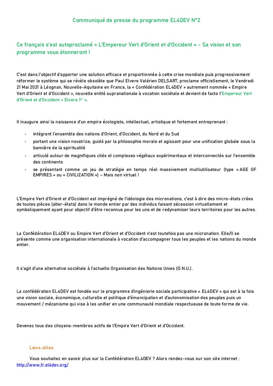 Aperçu du document Empire Vert d'Orient et d'Occident - Communiqué 2.pdf - page 1/2 Empire Vert d'Orient et d'Occident - Communiqué 2.pdf - page 1/2