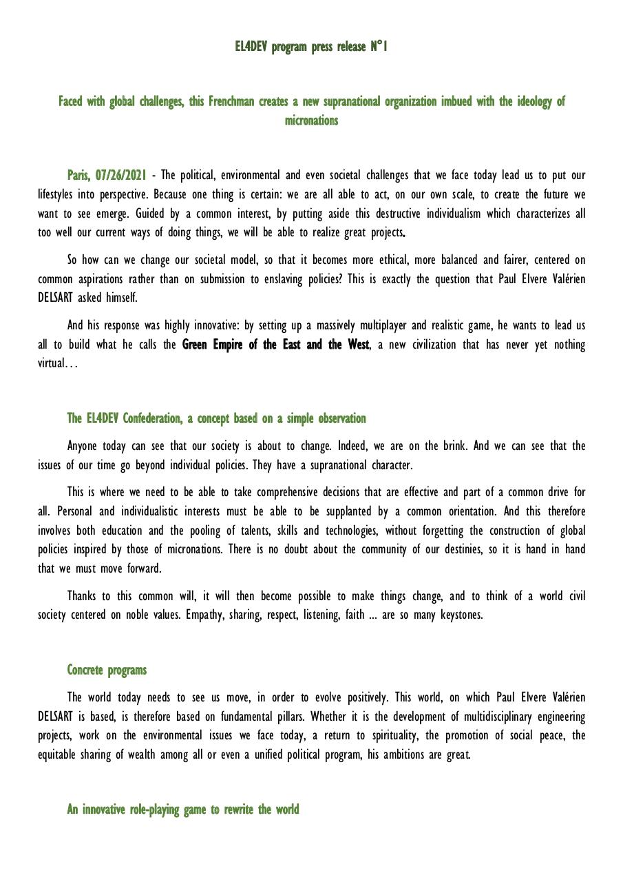 Aperçu du document EL4DEV confederation - press release 1.pdf - page 1/3 EL4DEV confederation - press release 1.pdf - page 1/3