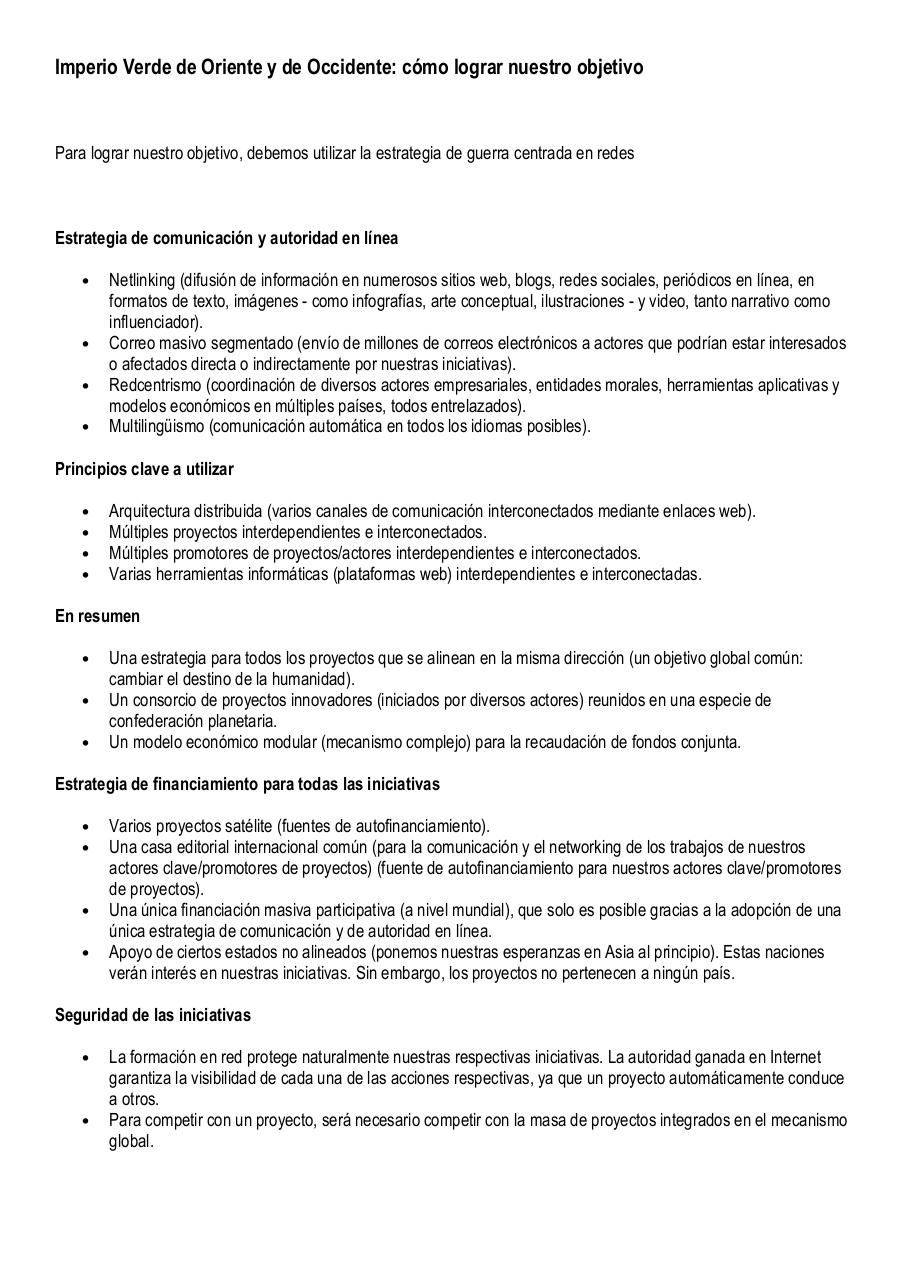 Aperçu du document Imperio Verde de Oriente y de Occidente - cómo lograr nuestro objetivo.pdf - page 1/2 Imperio Verde de Oriente y de Occidente - cómo lograr nuestro objetivo.pdf - page 1/2