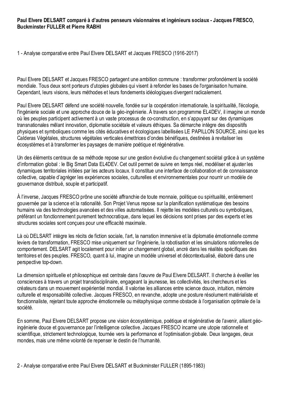 Paul Elvere DELSART comparé aux autres penseurs visionnaires et ingénieurs sociaux - Jacques FRESCO, Buckminster FULLER et Pierre RABHI.pdf - page 1/6