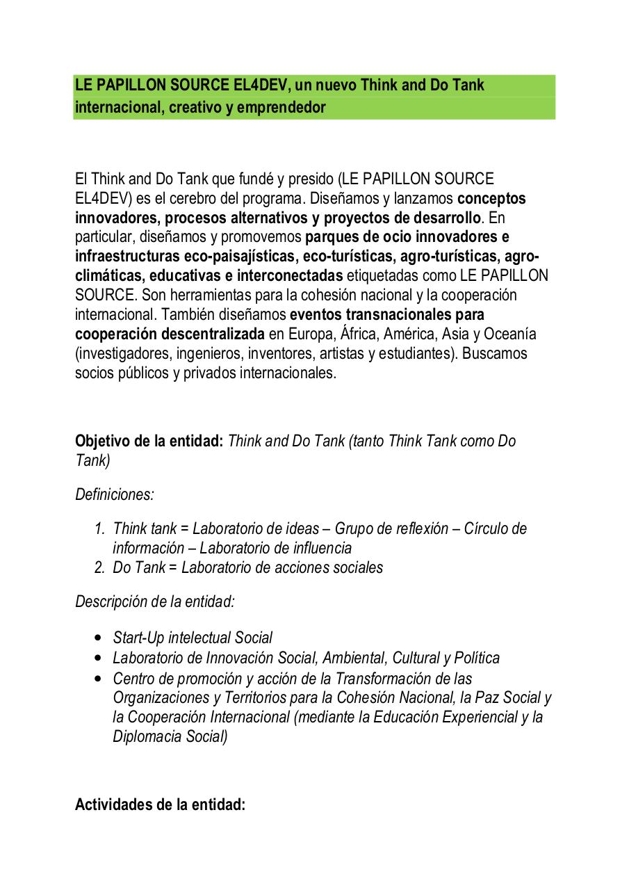 LE PAPILLON SOURCE EL4DEV - Un actor atípico en el panorama de los Think and Do Tanks - Paul Elvere DELSART.pdf - page 3/16