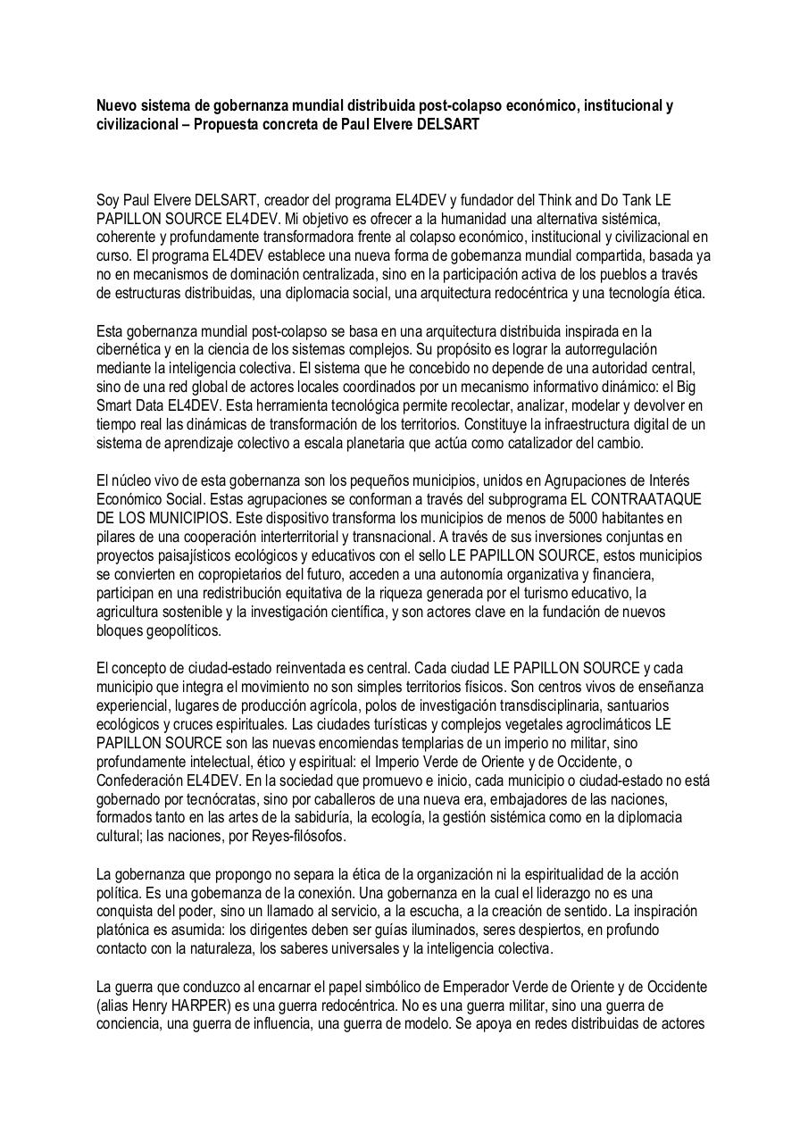 Nuevo sistema de gobernanza mundial distribuida post-colapso económico, institucional y civilizacional – Propuesta concreta de Paul Elvere DELSART.pdf - page 1/5