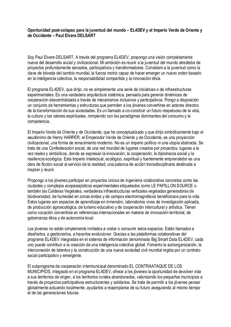 Oportunidad post-colapso para la juventud del mundo – EL4DEV y el Imperio Verde de Oriente y de Occidente – Paul Elvere DELSART.pdf - page 1/5
