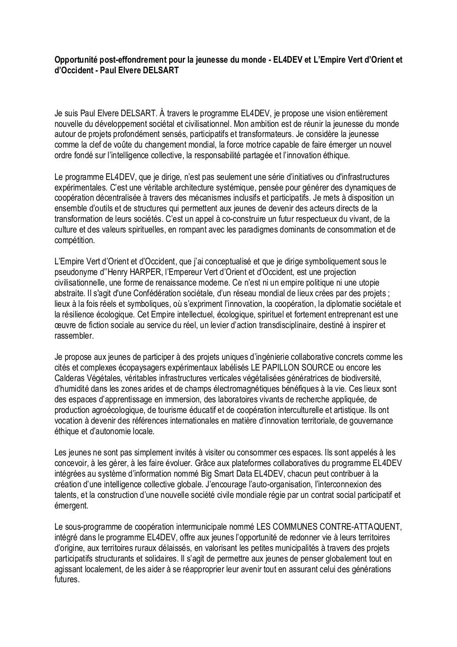 Opportunité post-effondrement pour la jeunesse du monde - EL4DEV et L’Empire Vert d’Orient et d’Occident - Paul Elvere DELSART.pdf - page 1/5