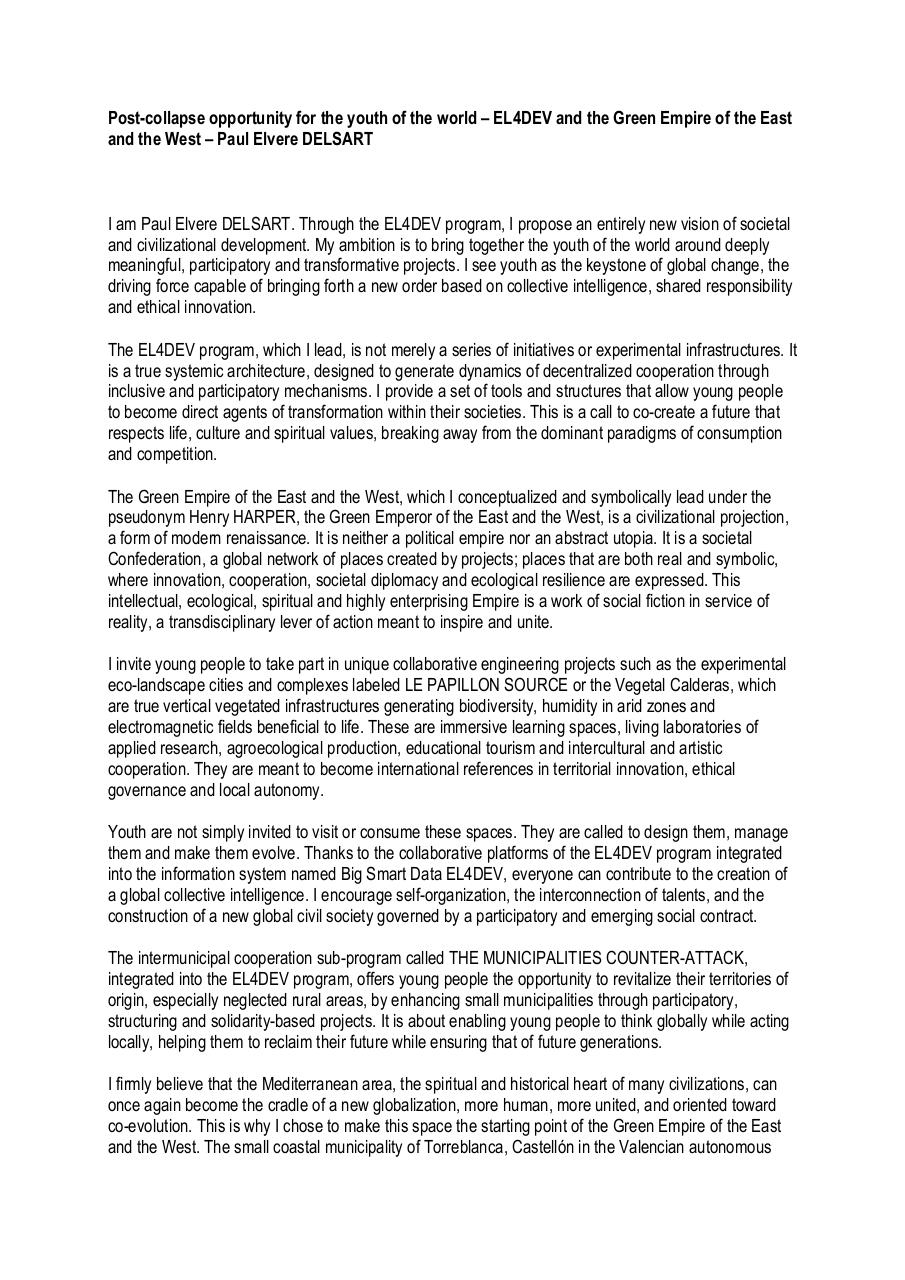 Post-collapse opportunity for the youth of the world – EL4DEV and the Green Empire of the East and the West – Paul Elvere DELSART.pdf - page 1/5