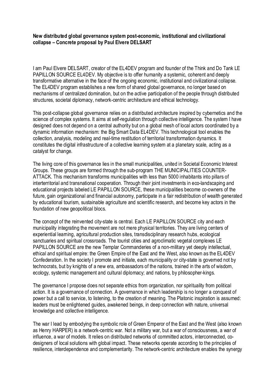 New distributed global governance system post-economic, institutional and civilizational collapse – Concrete proposal by Paul Elvere DELSART.pdf - page 1/5