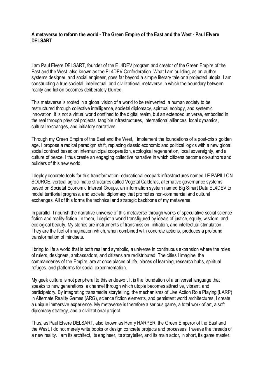 A metaverse to reform the world - The Green Empire of the East and the West - Paul Elvere DELSART.pdf - page 1/5