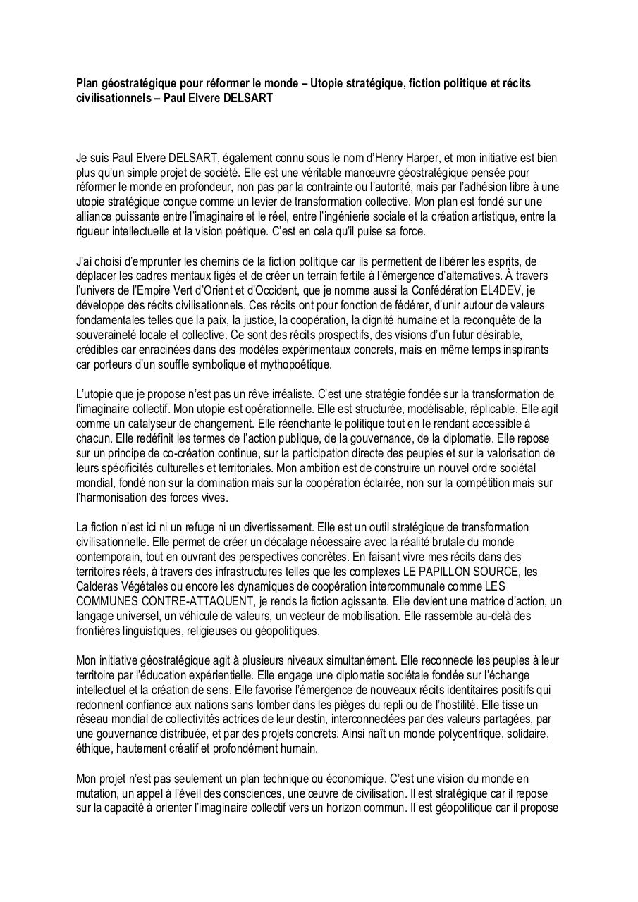 Plan géostratégique pour réformer le monde – Utopie stratégique, fiction politique et récits civilisationnels – Paul Elvere DELSART.pdf - page 1/5
