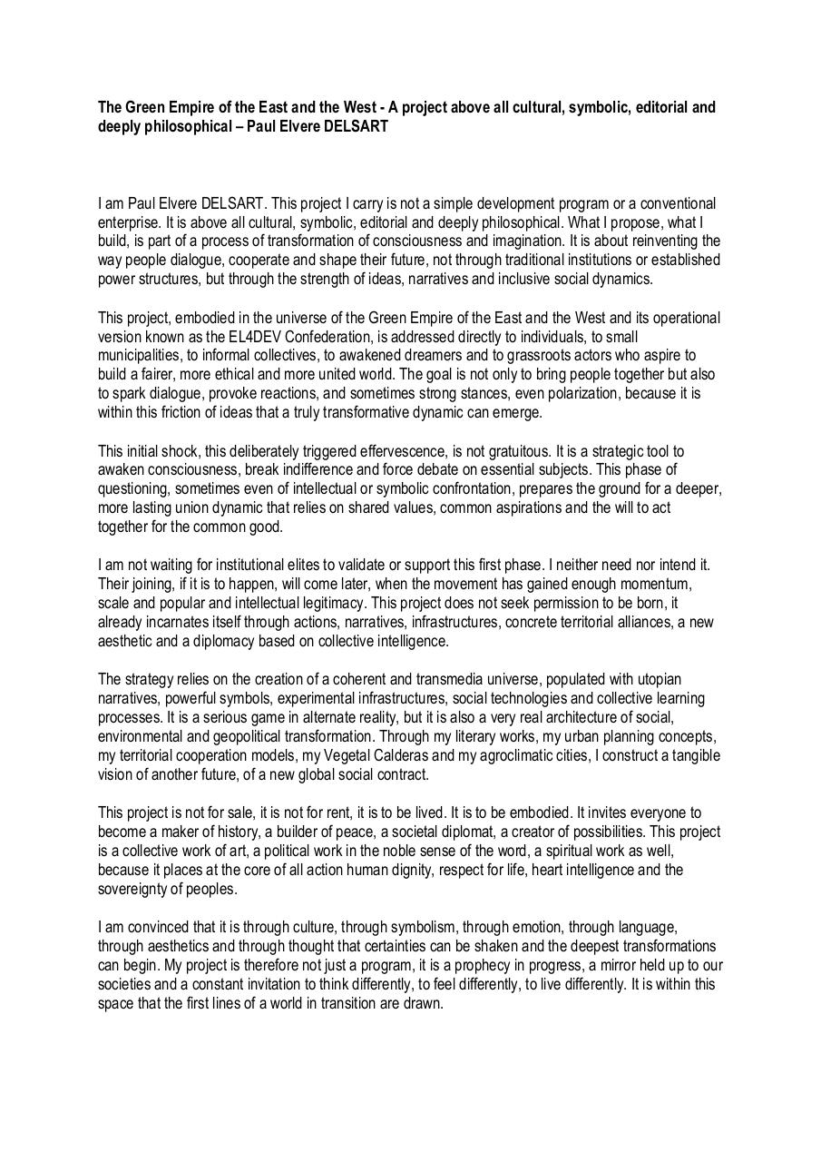The Green Empire of the East and the West - A project above all cultural, symbolic, editorial and deeply philosophical – Paul Elvere DELSART.pdf - page 1/5