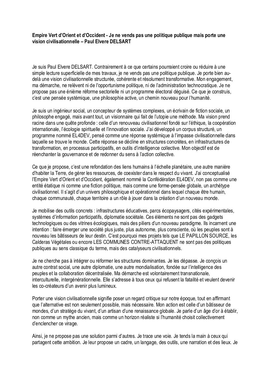 Empire Vert d’Orient et d’Occident - Je ne vends pas une politique publique mais porte une vision civilisationnelle – Paul Elvere DELSART.pdf - page 1/5