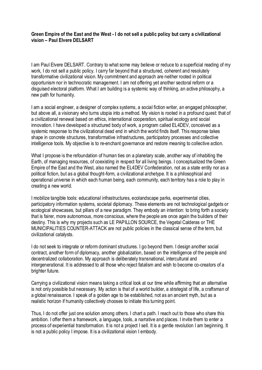 Green Empire of the East and the West - I do not sell a public policy but carry a civilizational vision – Paul Elvere DELSART.pdf - page 1/5