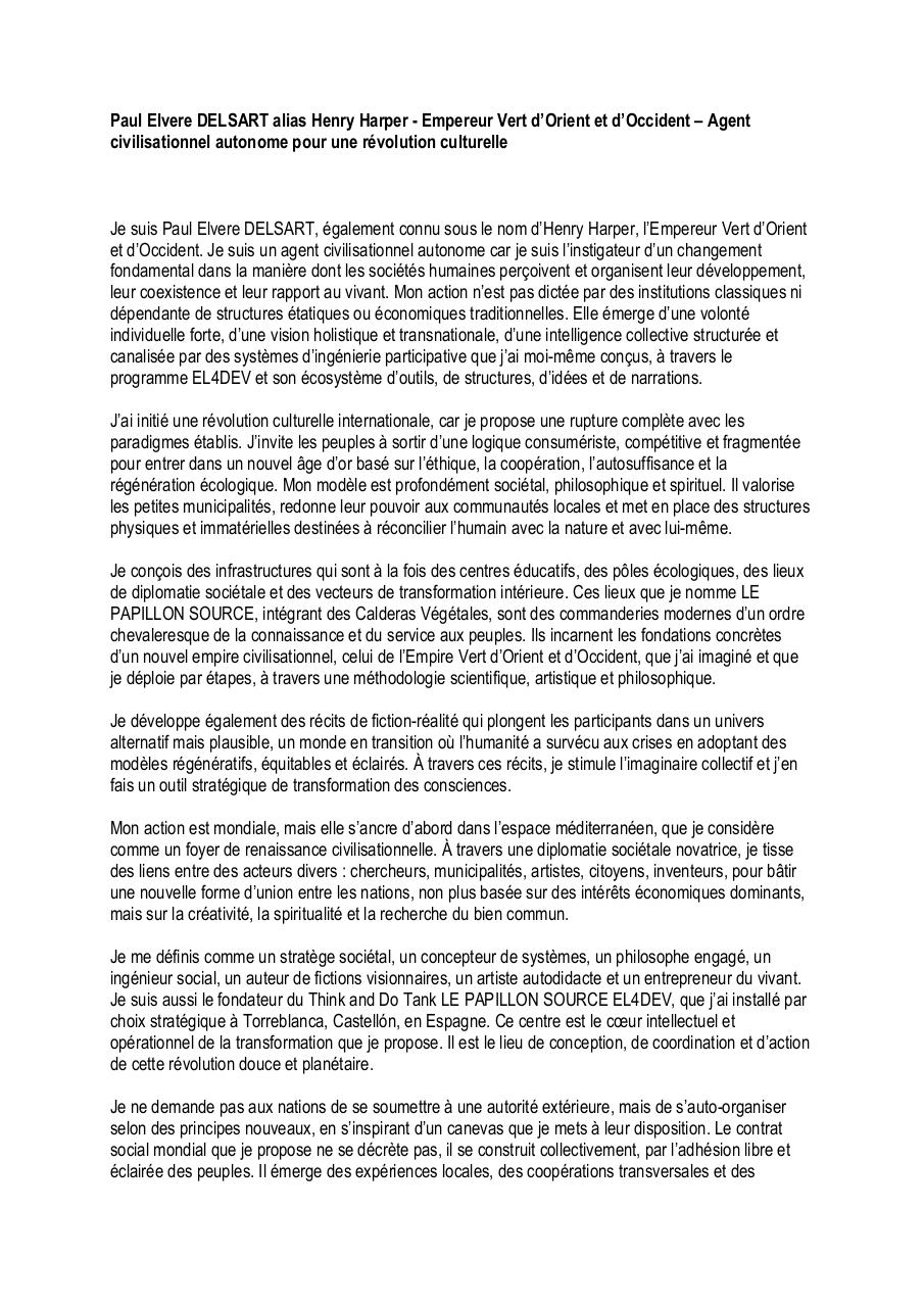 Paul Elvere DELSART alias Henry Harper - Empereur Vert d’Orient et d’Occident – Agent civilisationnel autonome pour une révolution culturelle.pdf - page 1/5