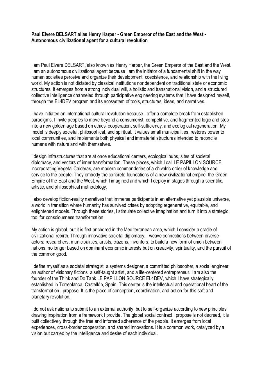 Paul Elvere DELSART alias Henry Harper - Green Emperor of the East and the West - Autonomous civilizational agent for a cultural revolution.pdf - page 1/5