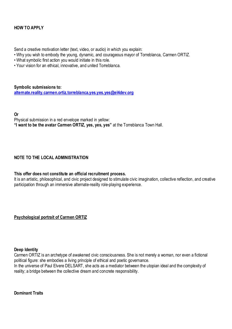 Aperçu du document MISSION OFFER – INCARNATION OF THE AVATAR CARMEN ORTIZ - EL4DEV metaverse.pdf - page 2/3 MISSION OFFER – INCARNATION OF THE AVATAR CARMEN ORTIZ - EL4DEV metaverse.pdf - page 2/3