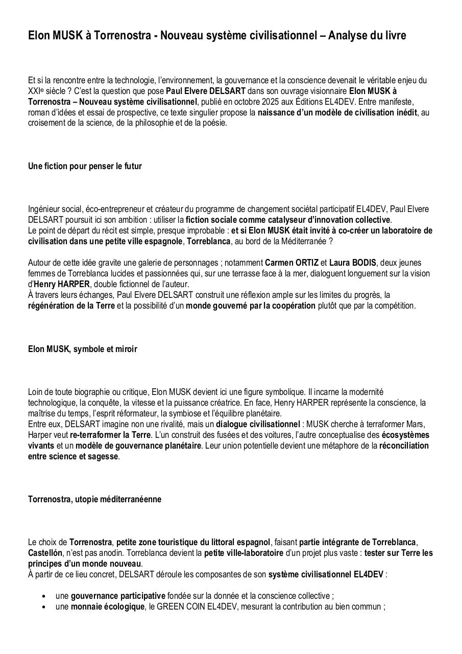 Elon MUSK à Torrenostra - Nouveau système civilisationnel - Analyse du livre.pdf - page 1/6