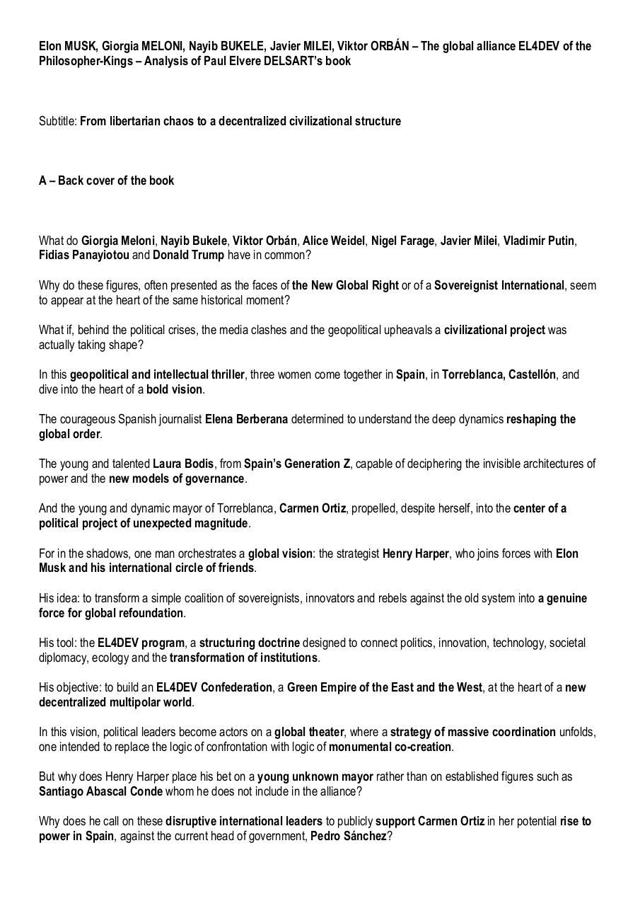 Elon MUSK, Giorgia MELONI, Nayib BUKELE, Javier MILEI, Viktor ORBÁN – The global alliance EL4DEV of the Philosopher-Kings – Analysis of Paul Elvere DELSART’s book.pdf - page 1/3