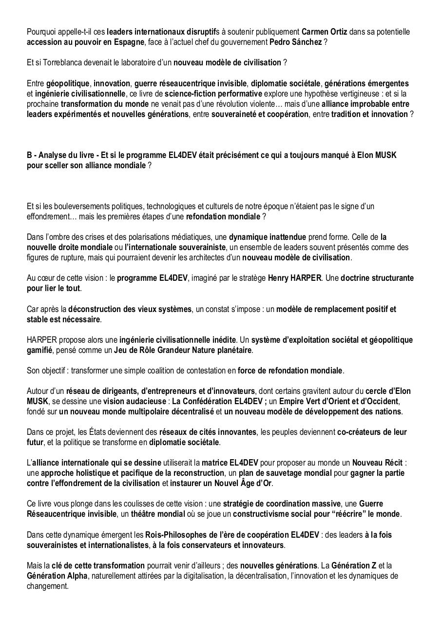 Elon MUSK, Giorgia MELONI, Nayib BUKELE, Javier MILEI, Viktor ORBÁN – L’alliance mondiale EL4DEV des Rois-Philosophes – Analyse du livre de Paul Elvere DELSART.pdf - page 2/4
