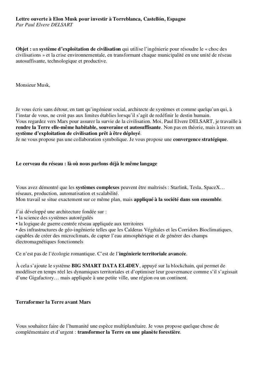 Lettre ouverte à Elon Musk pour investir à Torreblanca, Castellón, Espagne - Paul Elvere DELSART.pdf - page 1/9