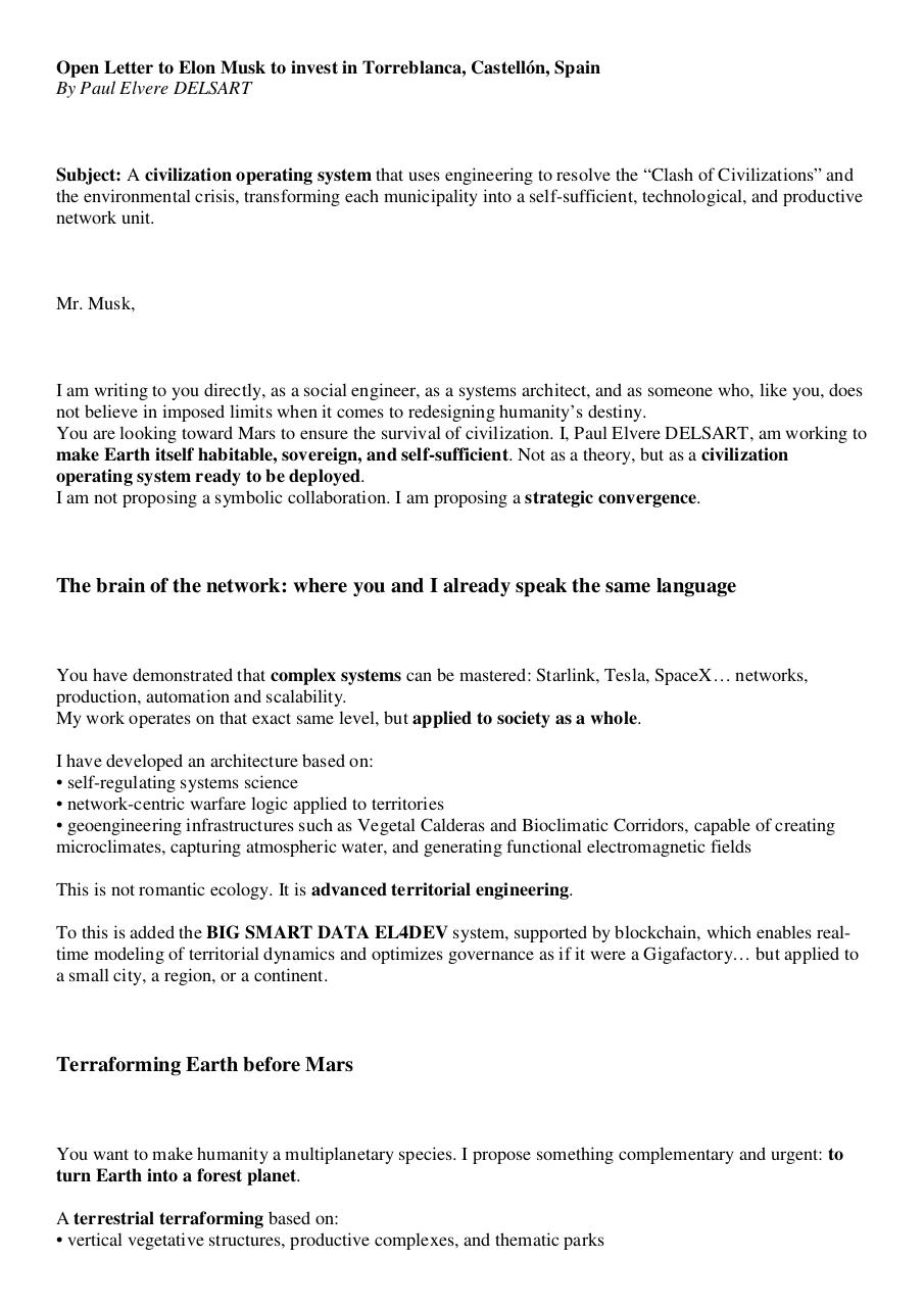 Open Letter to Elon Musk to invest in Torreblanca, Castellón, Spain - Paul Elvere DELSART.pdf - page 1/9