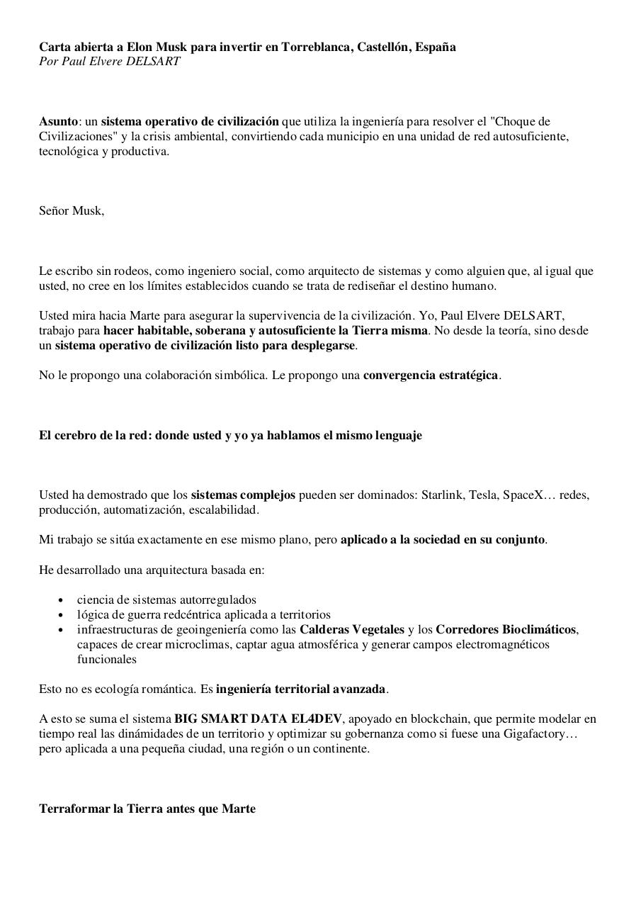 Carta abierta a Elon Musk para invertir en Torreblanca, Castellón, España - Paul Elvere DELSART.pdf - page 1/10