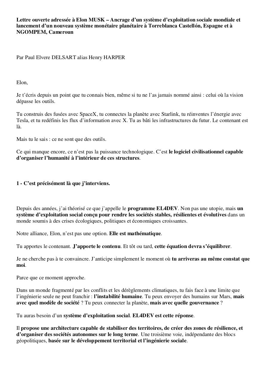 Lettre ouverte adressée à Elon MUSK – Ancrage d’un système d’exploitation sociale mondiale et lancement d’un nouveau système monétaire planétaire à Torreblanca Castellón, Espagne et à NGOMPEM, Cameroun.pdf - page 1/8