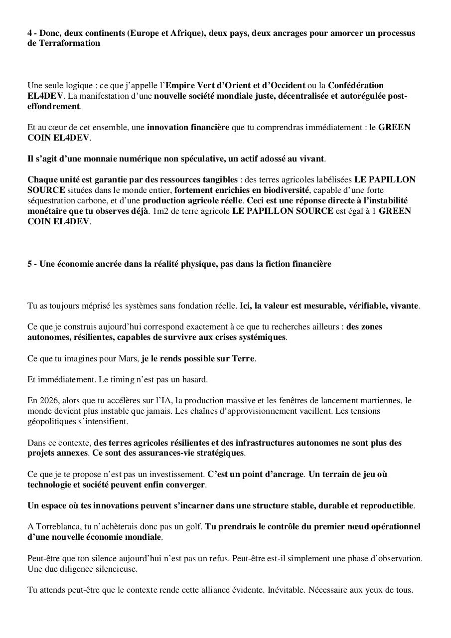 Lettre ouverte adressée à Elon MUSK – Ancrage d’un système d’exploitation sociale mondiale et lancement d’un nouveau système monétaire planétaire à Torreblanca Castellón, Espagne et à NGOMPEM, Cameroun.pdf - page 3/8
