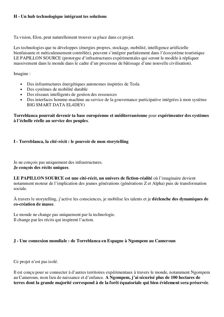 Lettre ouverte à Elon Musk - La cité-État en réseau et LE PAPILLON SOURCE, un nouveau modèle civilisationnel à expérimenter à Torreblanca Castellón, en Espagne et à Ngompem, au Cameroun - Transformation du PAI du golf Doña.pdf - page 4/11