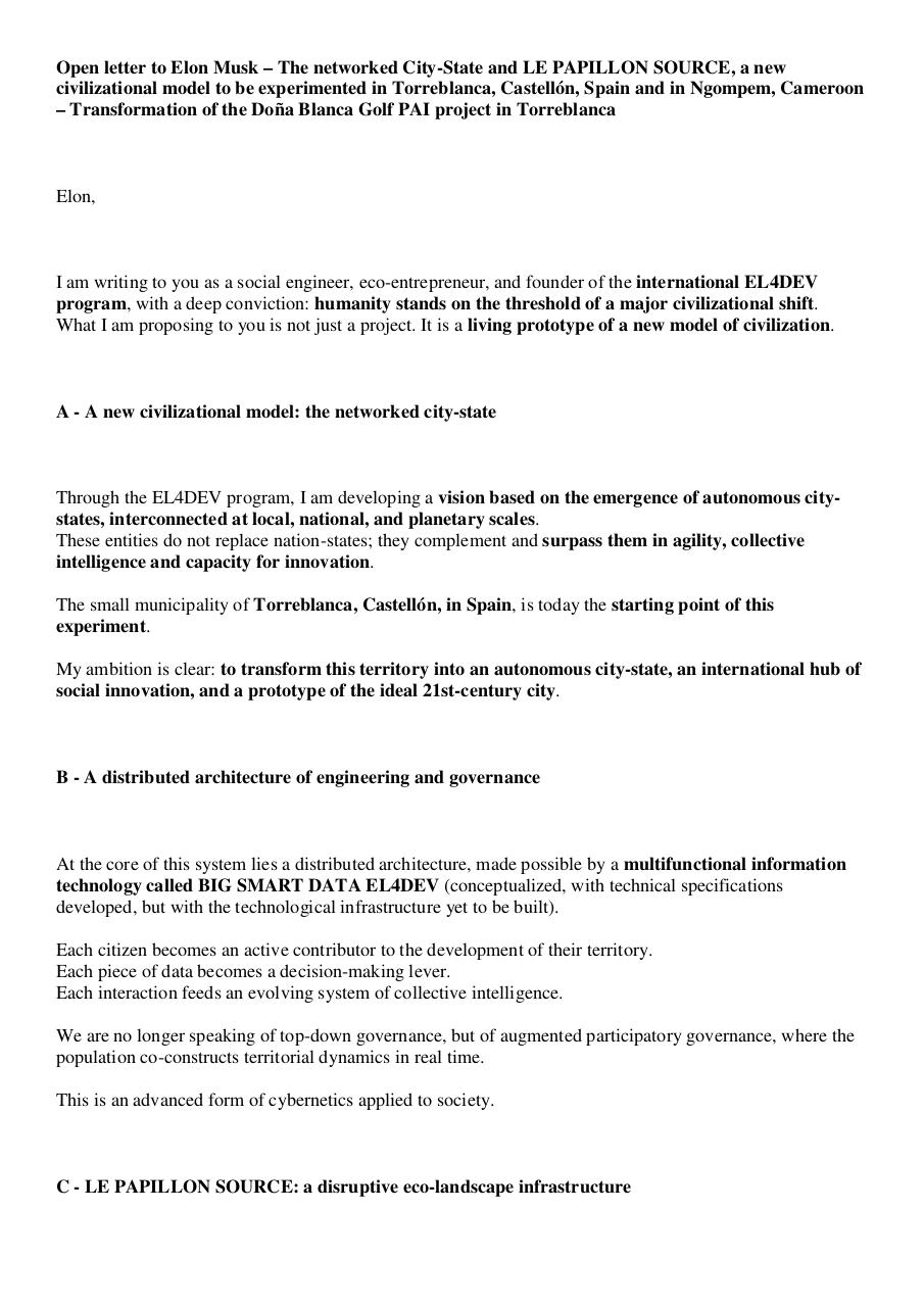 Open letter to Elon Musk – The networked City-State and LE PAPILLON SOURCE, a new civilizational model to be experimented in Torreblanca, Castellón, Spain and in Ngompem, Cameroon – Transformation of the Doña Blanca Golf P.pdf - page 1/11