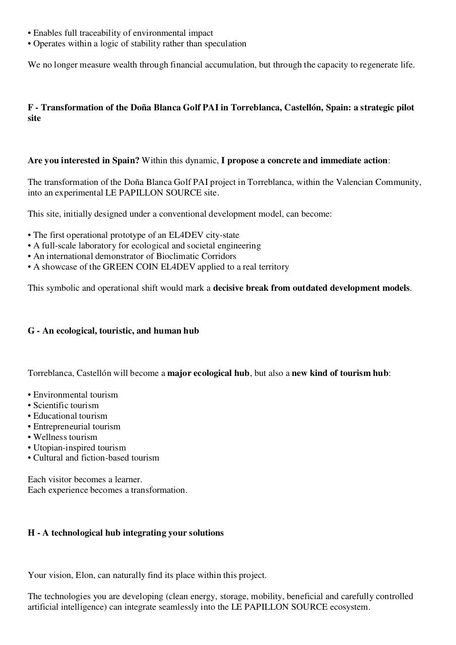 Open letter to Elon Musk – The networked City-State and LE PAPILLON SOURCE, a new civilizational model to be experimented in Torreblanca, Castellón, Spain and in Ngompem, Cameroon – Transformation of the Doña Blanca Golf P.pdf - page 3/11