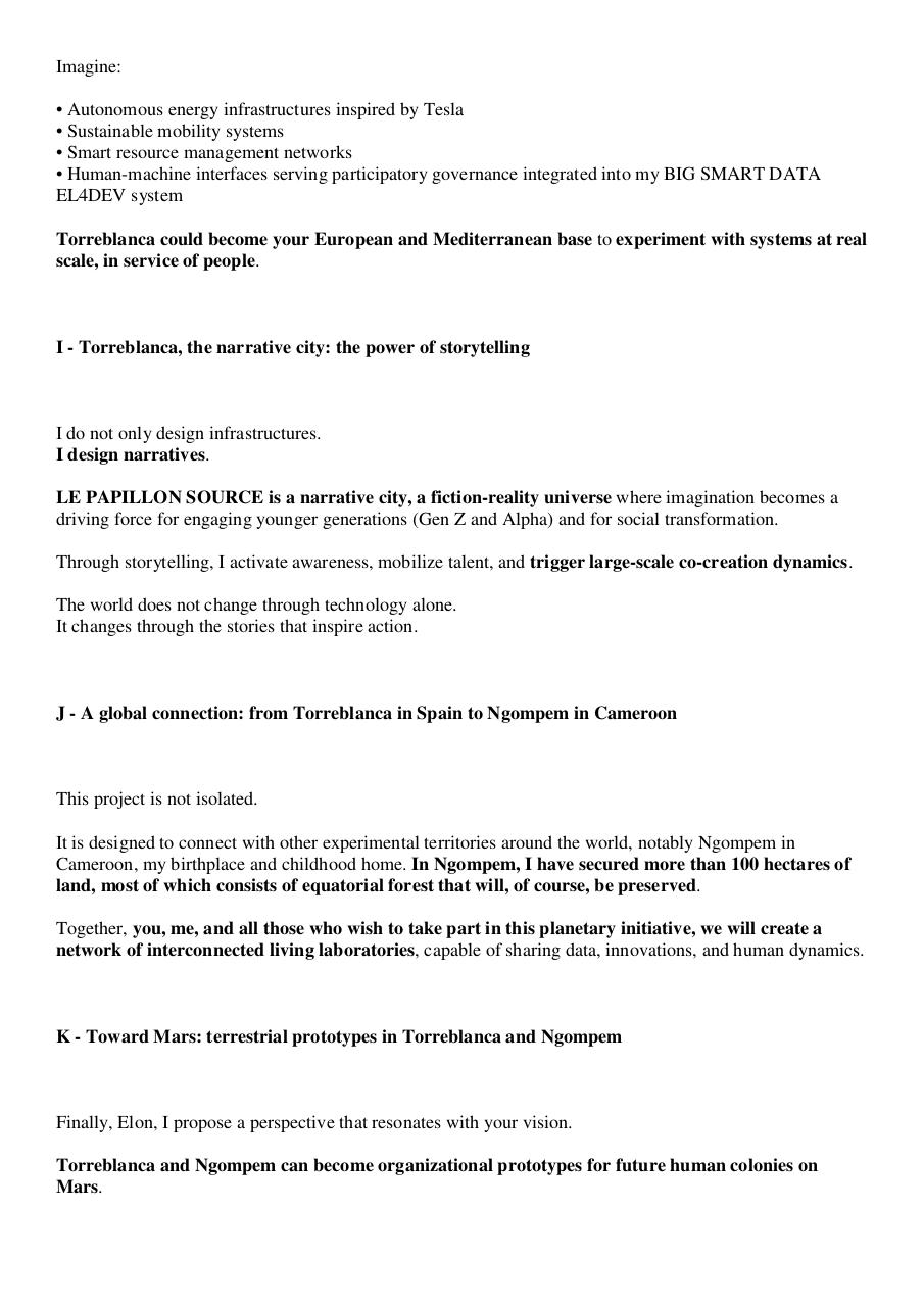 Open letter to Elon Musk – The networked City-State and LE PAPILLON SOURCE, a new civilizational model to be experimented in Torreblanca, Castellón, Spain and in Ngompem, Cameroon – Transformation of the Doña Blanca Golf P.pdf - page 4/11