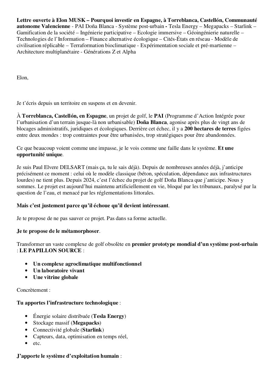 Lettre ouverte à Elon MUSK – Pourquoi investir en Espagne, à Torreblanca, Castellón, Communauté autonome Valencienne - PAI Doña Blanca - Système post-urbain - Paul Elvere DELSART.pdf - page 1/8