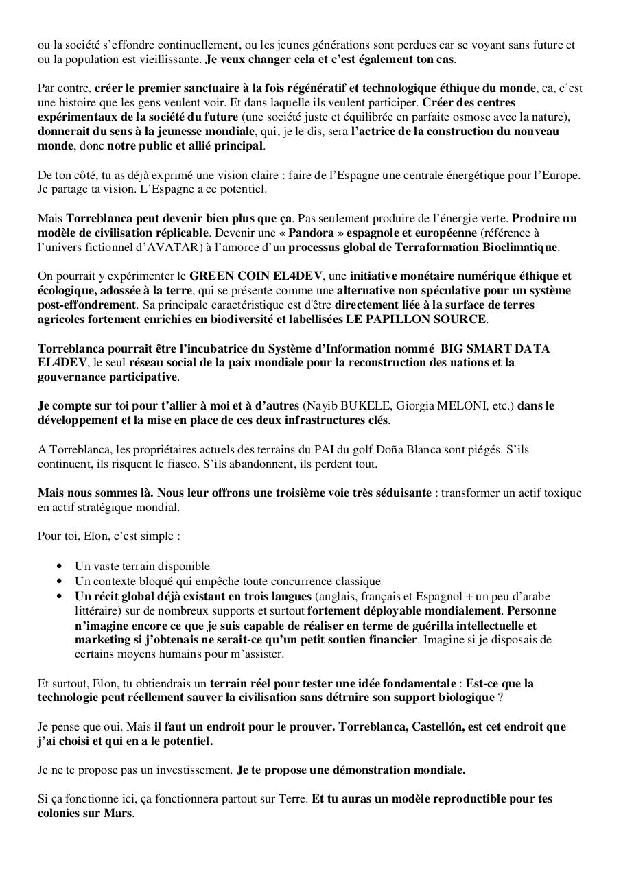 Lettre ouverte à Elon MUSK – Pourquoi investir en Espagne, à Torreblanca, Castellón, Communauté autonome Valencienne - PAI Doña Blanca - Système post-urbain - Paul Elvere DELSART.pdf - page 3/8