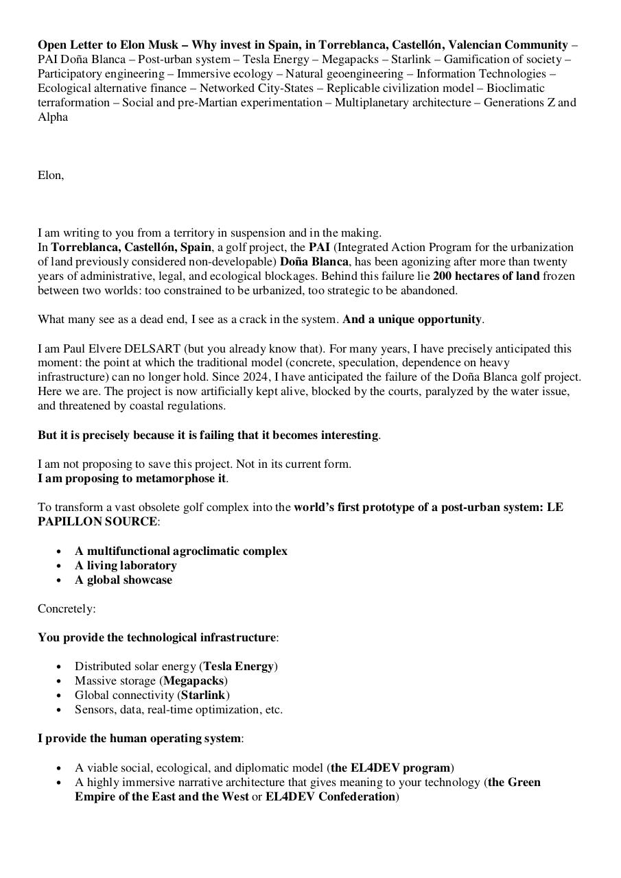 Open Letter to Elon Musk – Why invest in Spain, in Torreblanca, Castellón, Valencian Community – PAI Doña Blanca – Post-urban system - Paul Elvere DELSART.pdf - page 1/8