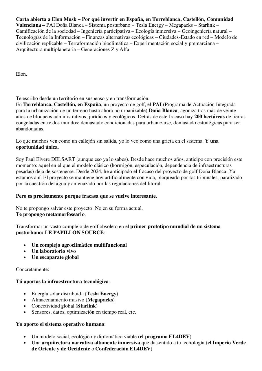 Carta abierta a Elon Musk – Por qué invertir en España, en Torreblanca, Castellón, Comunidad Valenciana – PAI Doña Blanca – Sistema posturbano - Paul Elvere DELSART.pdf - page 1/8