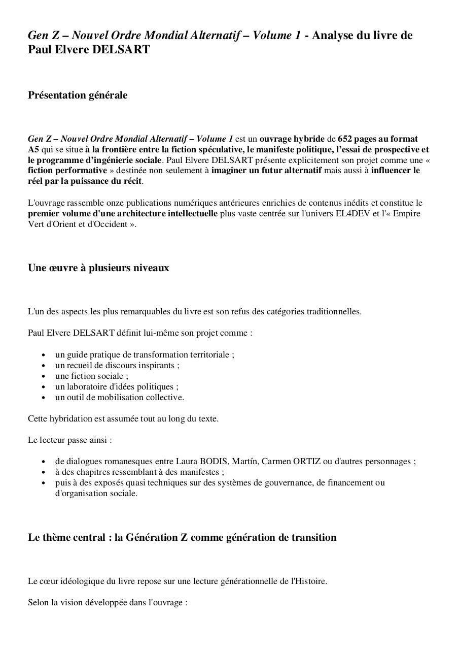 Gen Z – Nouvel Ordre Mondial Alternatif – Volume 1 - Analyse du livre de Paul Elvere DELSART.pdf - page 1/7